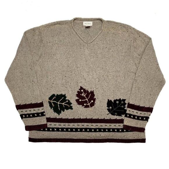 Studio Works Vintage Knit Sweater Cream Fall Foliage Leaf Silk Blend Women's XL - Picture 1 of 10